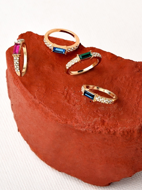 

Accessorize Set Of 4 Gold-Toned White Crystal-Studded Feel Good Baguette Finger Rings