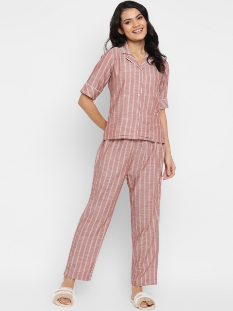 

DEEBACO Women Brown & White Striped Night Suit