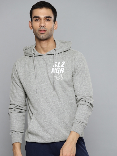 

Slazenger Men Grey Melange & White Brand Logo Print Hooded Sweatshirt