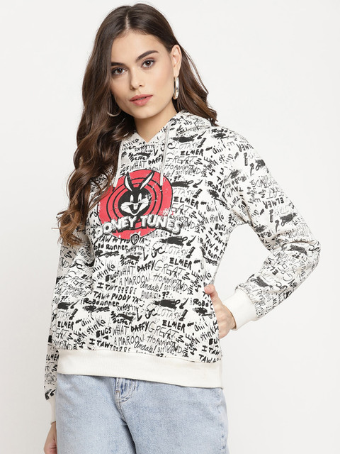 

Madame Women Off White Printed Hooded Sweatshirt