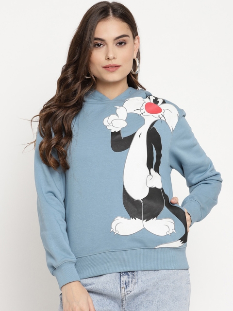

Madame Women Blue Printed Hooded Sweatshirt