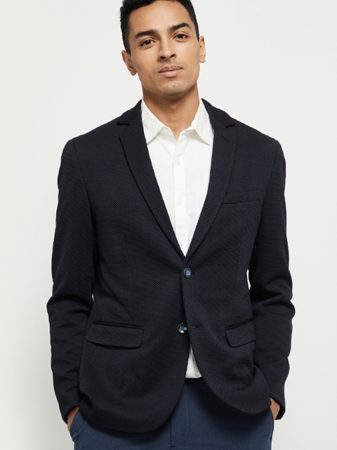 

max Men Navy Blue Textured Single Breasted Blazer