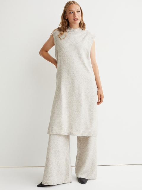 

H&M Women Grey Melange Solid Round Neck Knitted Tunic