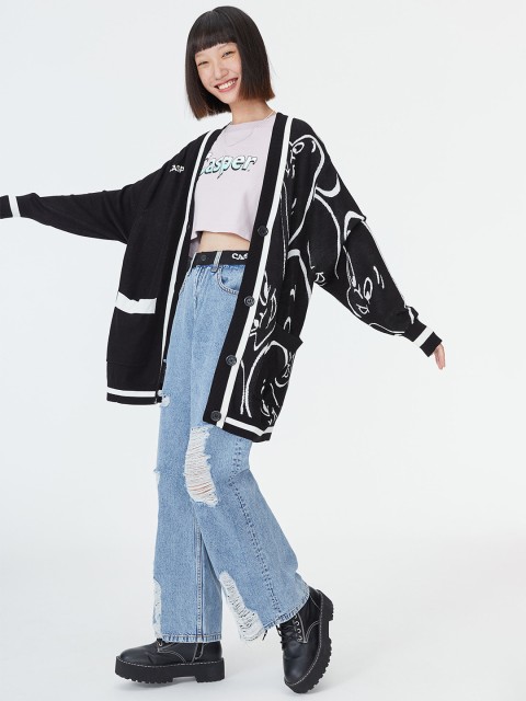 

H&M Women Black & White Patterned Cardigan