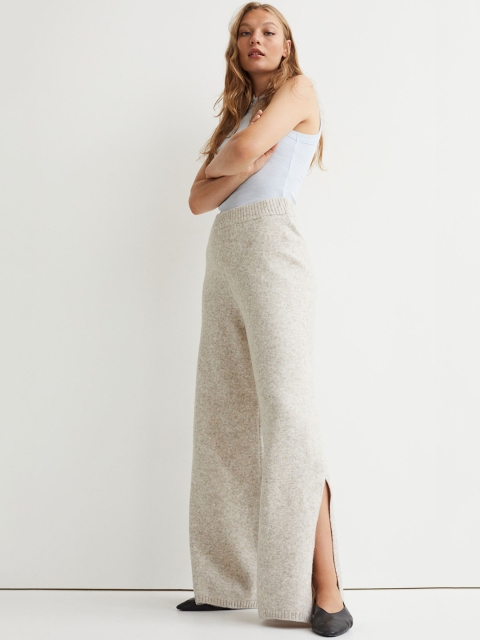 

H&M Women Beige Slit-Hem Knitted Trousers