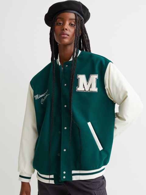 

H&M Women Green Block-Coloured Baseball Jacket