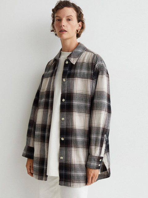 

H&M Women Brown & Black Checked Oversized Shirt Jacket