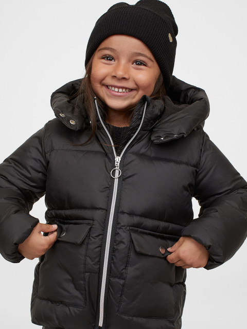 

H&M Girls Black Solid Padded Hooded Jacket