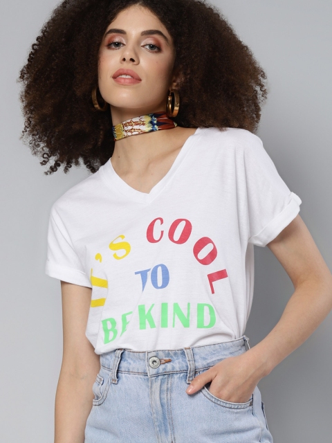 

SASSAFRAS Women White Typography Printed V-Neck T-shirt