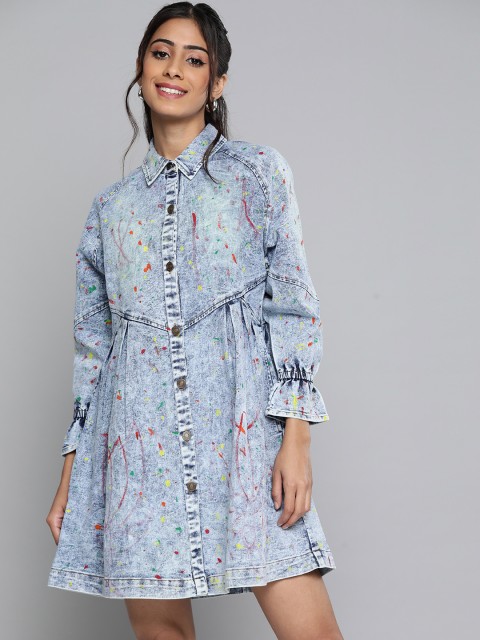 

SASSAFRAS Blue & Multicoloured Paint Denim Shirt Mini Dress