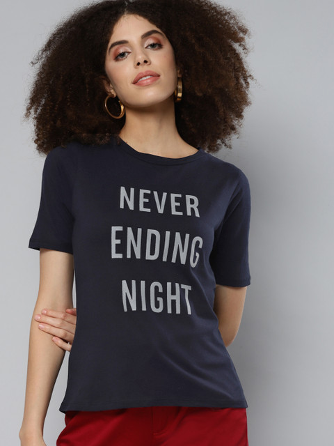 

SASSAFRAS Women Navy Blue Typography Printed Pure Cotton T-shirt
