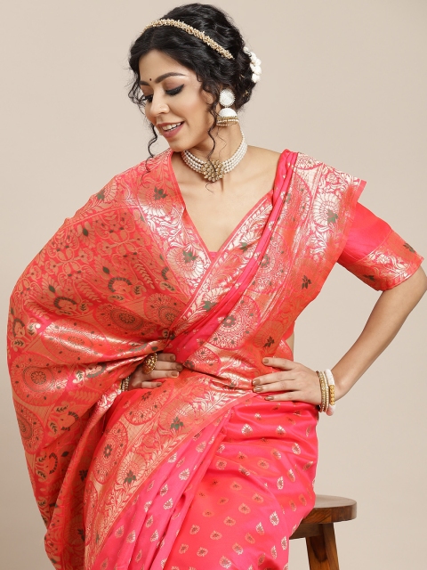 

SHUBHVASTRA Pink & Golden Woven Design Banarasi Saree