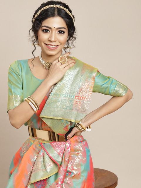 

SHUBHVASTRA Women Green & Orange Woven Design Banarasi Saree