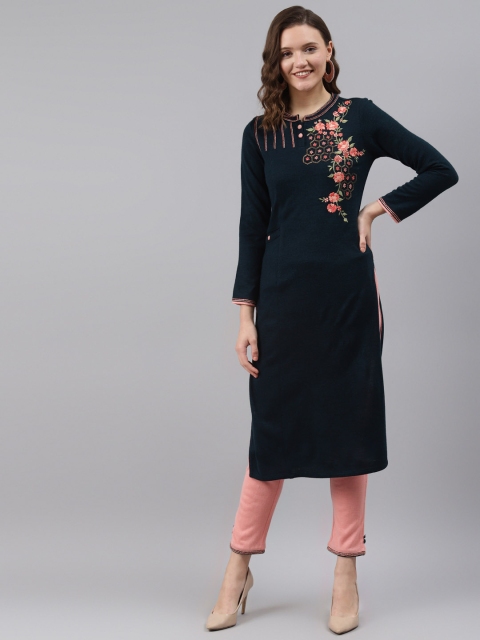 

Laabha Women Green Floral Embroidered Regular Kurta with Trousers