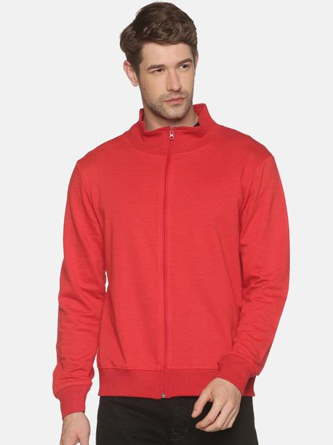

MASH UNLIMITED Men Red Mock Collar Cotton Front-Open Sweatshirt