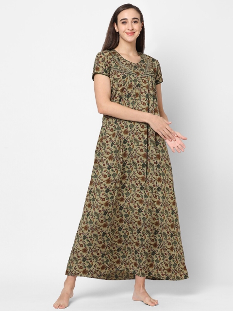 

Sweet Dreams Green & Brown Floral Printed Maxi Nightdress