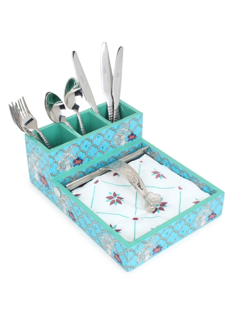 

ONELLA DESIGNS Blue & White Printed Cutlery & Tissue Holder Tray