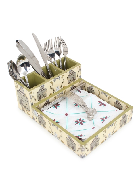 

ONELLA DESIGNS Yellow & Brown Printed Cutlery & Tissue Holder Tray