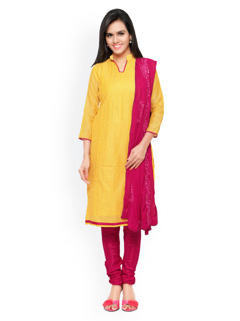 

Touch Trends Yellow & Pink Embroidered Chanderi Unstitched Dress Material