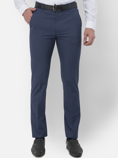 

Canary London Men Navy Blue Textured Smart Slim Fit Wrinkle Free Formal Trousers