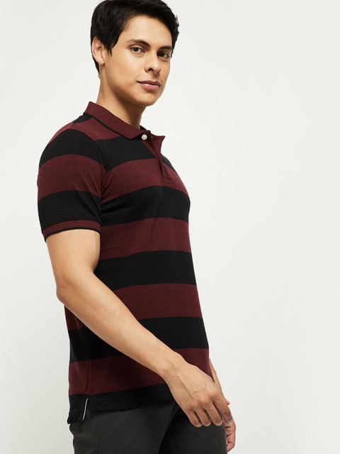 

max Men Maroon & Black Striped Polo Collar T-shirt