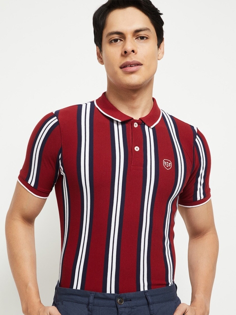 

max Men Red & White Striped Polo Collar T-shirt