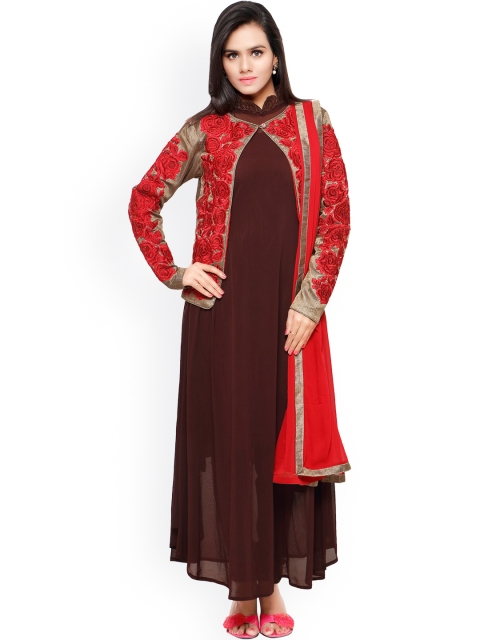 

Touch Trends Brown & Red Embroidered Net Unstitched Dress Material