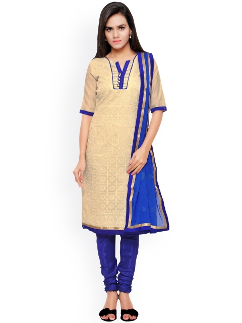 

Touch Trends Beige & Blue Embroidered Chanderi Unstitched Dress Material