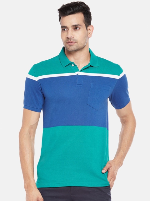 

BYFORD by Pantaloons Men Green & Blue Colourblocked Polo Collar Slim Fit T-shirt