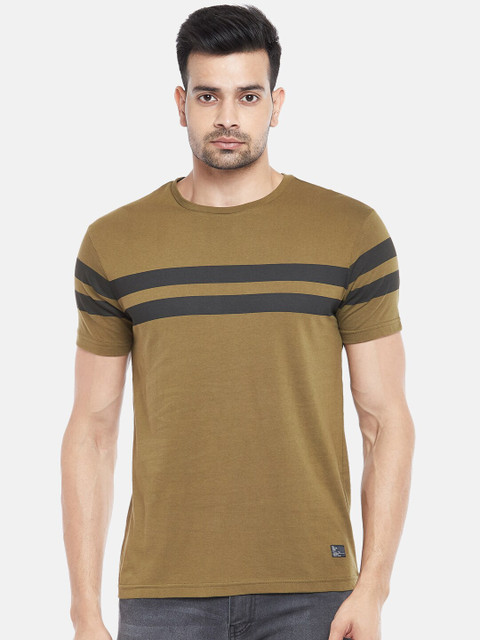 

People Men Olive Green Striped Pockets T-shirt