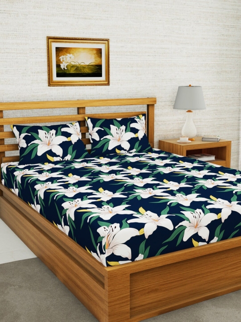 

BIANCA Navy Blue & White Floral 152 TC Queen Bedsheet with 2 Pillow Covers