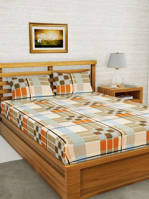 

BIANCA Beige & Orange Geometric 152 TC Queen Bedsheet with 2 Pillow Covers