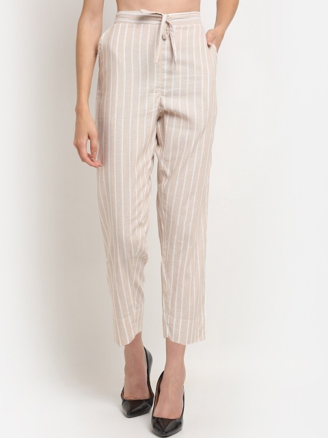 

TAG 7 Women Beige & White Striped Straight Fit Trousers