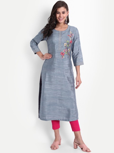 

fabGLOBAL Women Grey & Pink Embroidered Thread Work Kurta