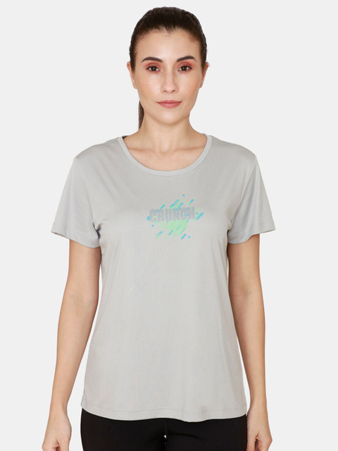 

Zelocity by Zivame Women Grey & Green Typography Printed Outdoor T-shirt