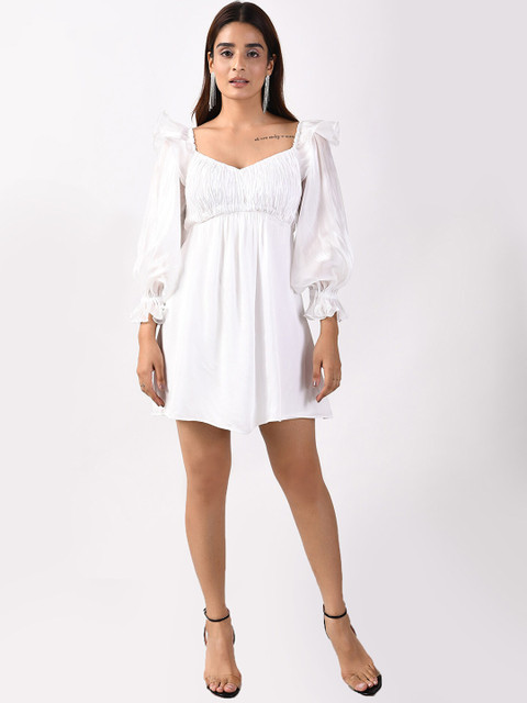 

ATTIC SALT White Satin Organza Blouson Sleeves Dress
