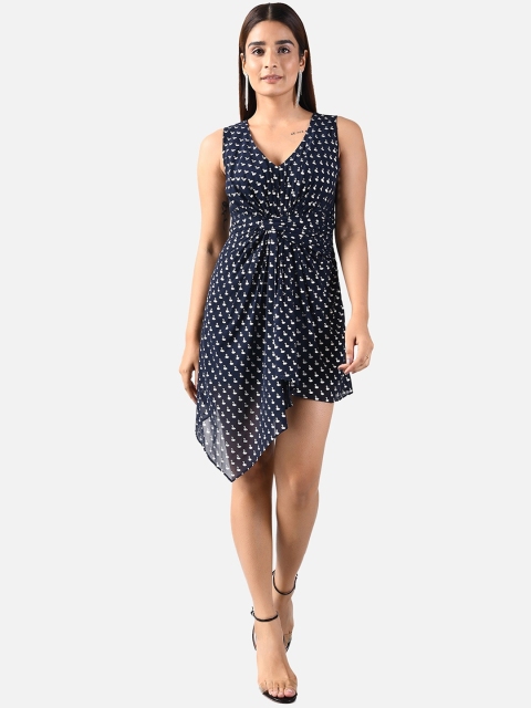 

ATTIC SALT Navy Blue Georgette Elsa Sleeveless Front Ruched Mini Dress