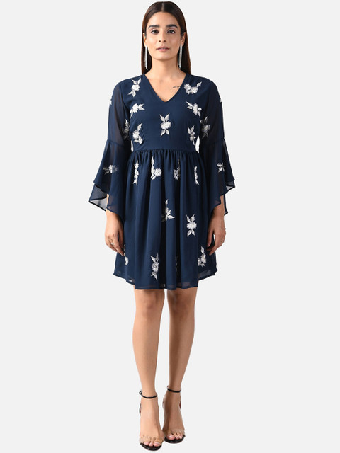 

ATTIC SALT Blue Floral Embroidered Georgette Fit & Flare Dress