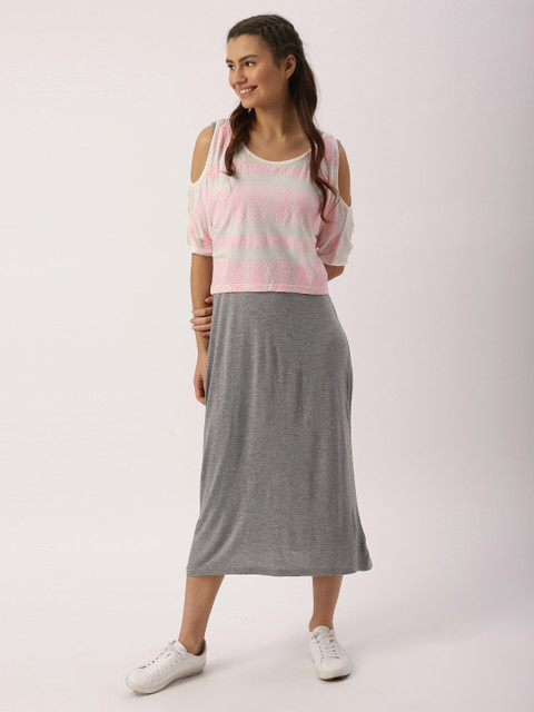 

DressBerry Women Grey Melange & Pink Printed Cold-Shoulder A-Line Dress