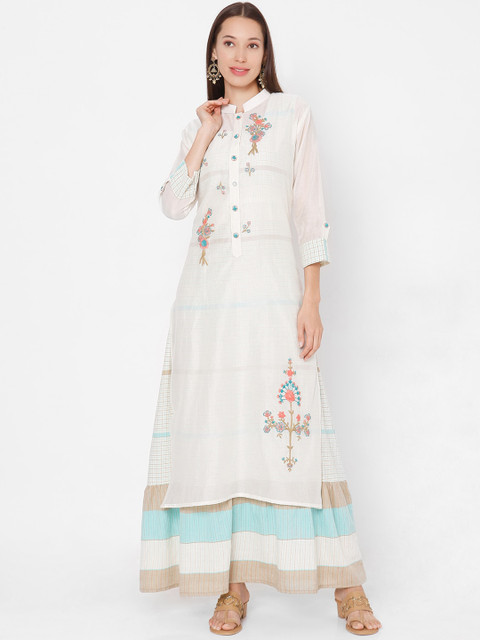 

SALWAR STUDIO Women White Floral Embroidered Chanderi Silk Chanderi Silk Kurta
