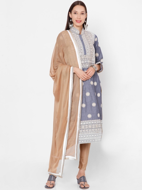 

SALWAR STUDIO Women Grey Ethnic Motifs Embroidered Regular Pure Cotton Kurta with Trousers & With Dupatta
