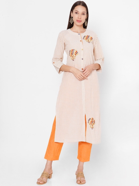 

SALWAR STUDIO Women White Ethnic Motifs Printed Regular Thread Work Pure Cotton Kurta with Trousers