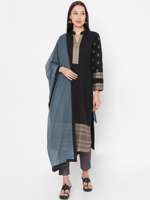 

SALWAR STUDIO Women Black Yoke Design Regular Pure Cotton Kurta with Trousers & With Dupatta