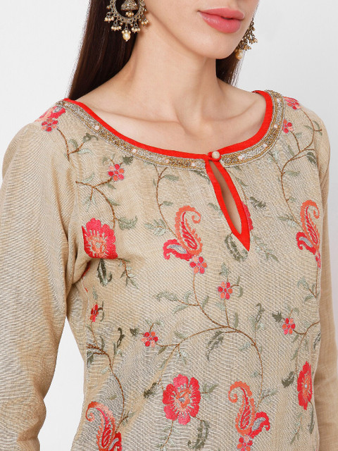 

SALWAR STUDIO Women Beige Floral Embroidered Regular Pure Cotton Kurta with Trousers & With Dupatta