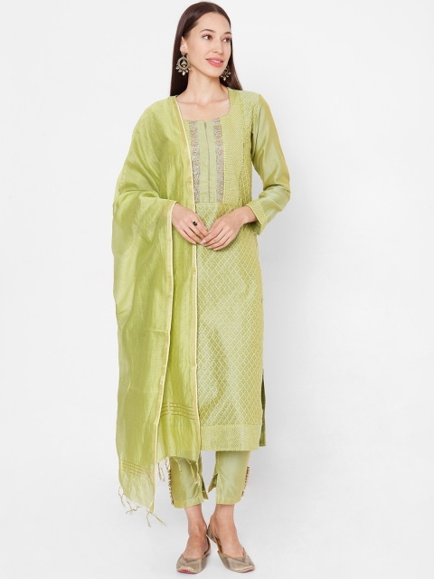 

SALWAR STUDIO Women Green Ethnic Motifs Embroidered Regular Chanderi Silk Kurta with Trousers & With Dupatta