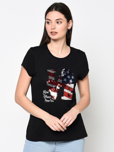 

DAiSY Women Black Printed Extended Sleeves T-shirt