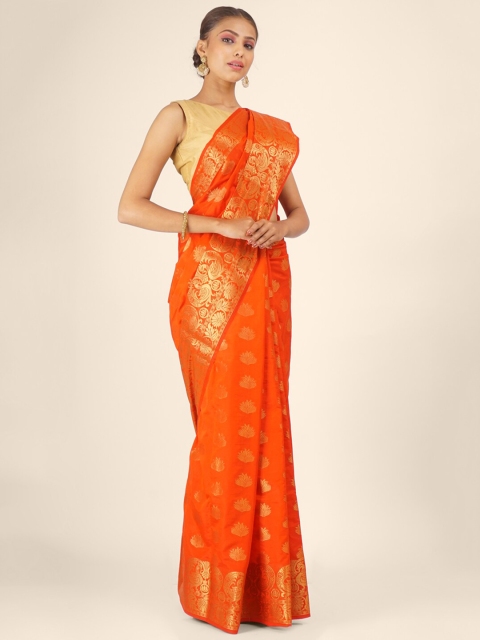 

Hastakala Orange & Gold-Coloured Ethnic Motifs Zari Dupion Silk Saree