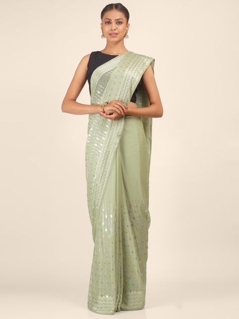 

Hastakala Green & Silver-Toned Embellished Pure Georgette Saree