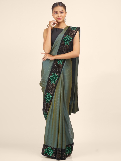 

Hastakala Olive Green & Black Beads & Stones Pure Georgette Saree