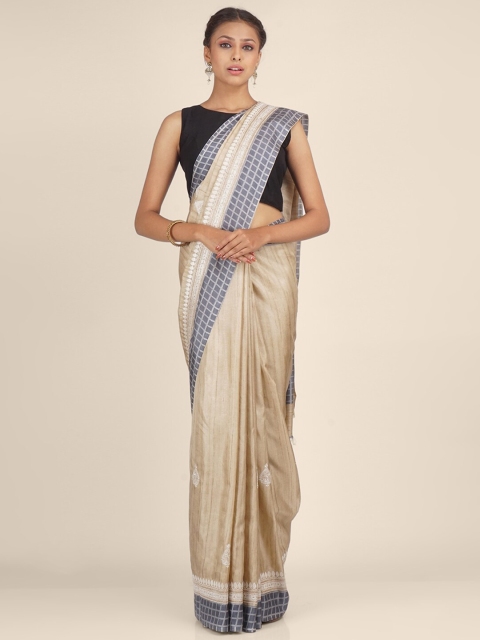 

Hastakala Cream-Coloured & Grey Floral Jute Silk Banarasi Saree